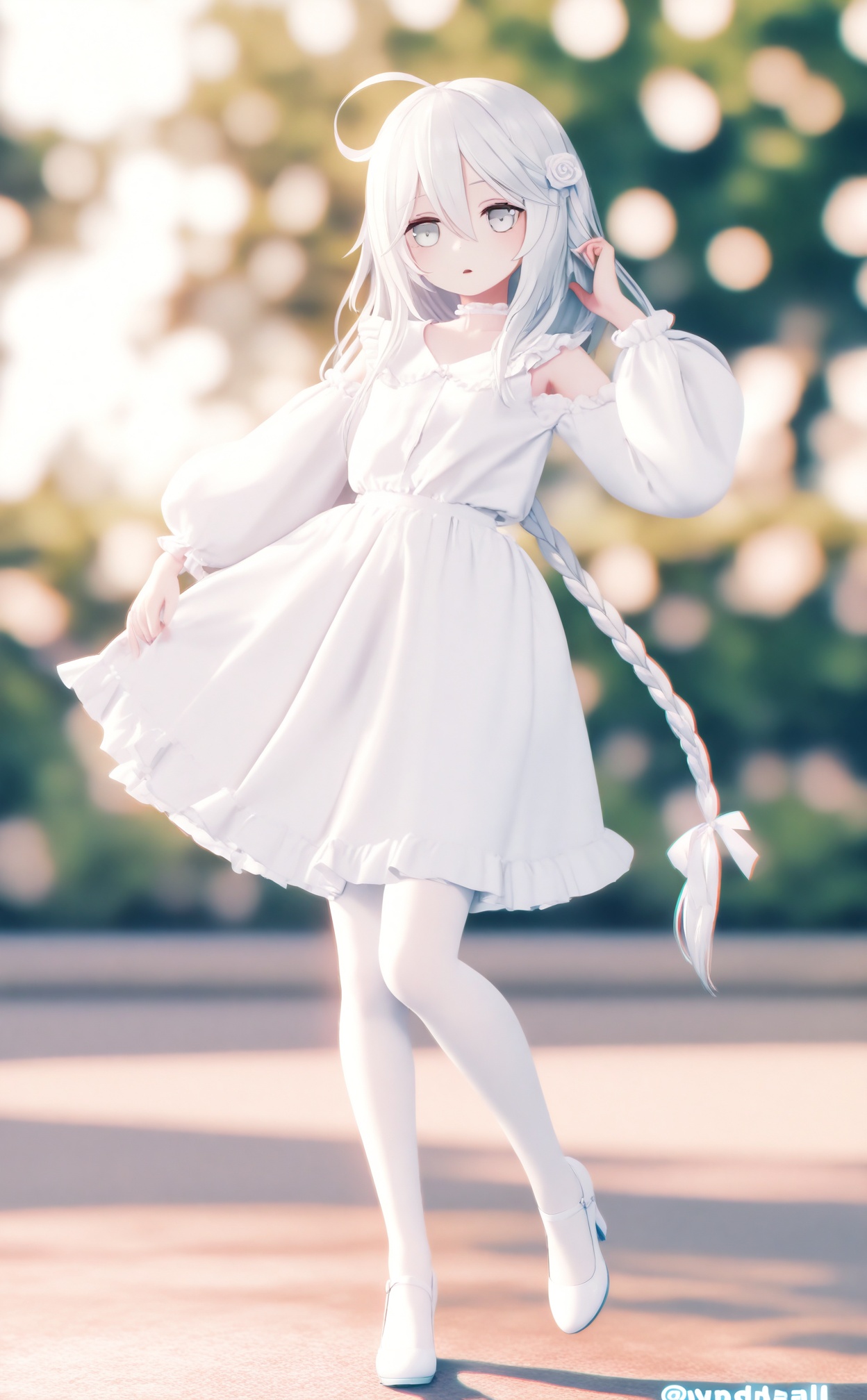 masterpiece,absurdres,best quality,loli,petite,high quality,chromatic_aberration,//,1girl,solo,long hair,high heels,white theme,flower,hair flower,white rose,white flower,full body,hair ornament,dress,white hair,white dress,pantyhose,looking at viewer,white background,rose,simple background,grey eyes,white pantyhose,braid,white footwear,parted lips,very long hair,shoulder cutout,long sleeves,frills,ribbon,skirt,hair ribbon,white ribbon,single braid,white skirt,standing,hair between eyes,hand up,hand in own hair,shirt,clothing cutout,puffy sleeves,twitter username,white eyes,frilled dress,floating hair,ahoge,standing on one leg,choker,open mouth,detached sleeves,puffy long sleeves,bare shoulders,white shirt,white choker,//,Depth of field,(colorful),hdr,Tyndall effect,depth of field,Tyndall Effect,blurry,blurry_background,depth_of_field,bokeh,glowing,//,<lora:MMDguangwuran6——【noob】hans:0.9>,
