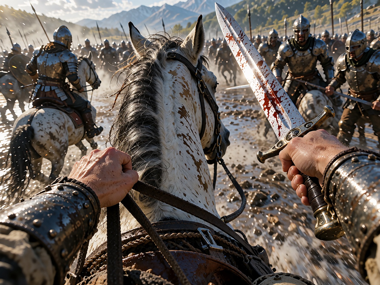 POV riding a galloping horse into battle,  both hands visible,  left hand pulling the reins hard while the right hand swin...
