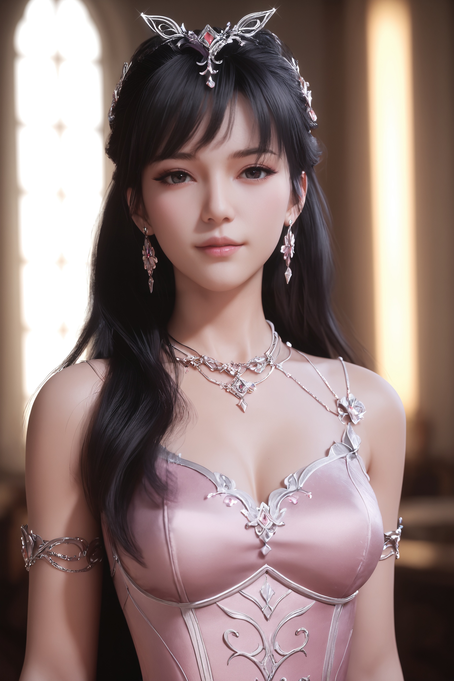 score_9,score_8_up,score_7_up,best quality,masterpiece,3d,ultra-detailed,high resolution,perfect lighting,flawless skin,sharp focus,Exquisite Craftsmanship,High-Resolution Beauty,Unparalleled Artistic Quality,extremely detailed CG unity 8k wallpaper,1girl,solo,<lora:小舞:0.7>,black hair,collar,dress,earrings,hair ornament,jewelry,long hair,necklace,pink dress,realistic,