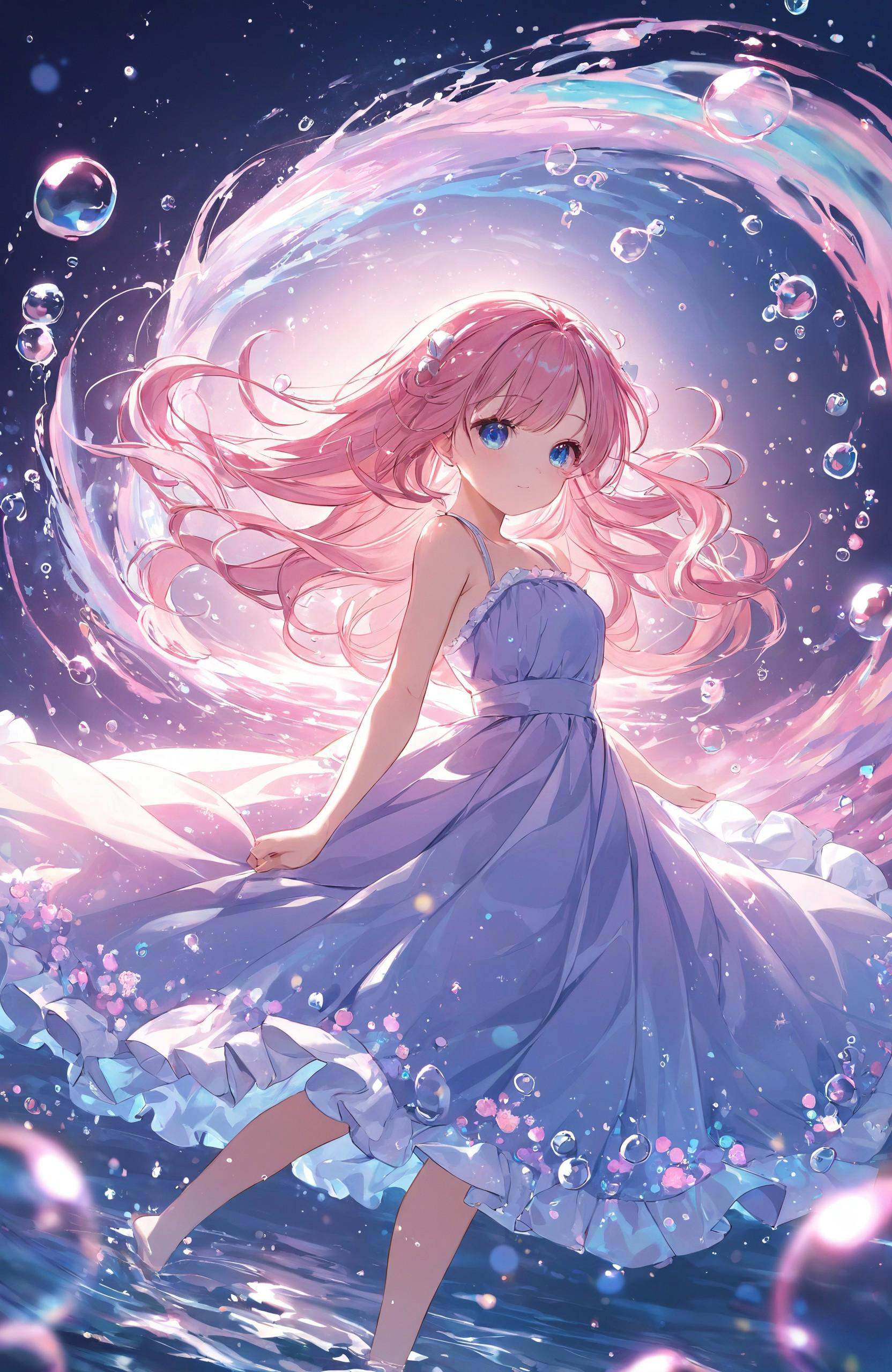 "Whimsical fantasy anime art style,  depicting a young girl with pink hair swimming gracefully through a sea of sparkling...