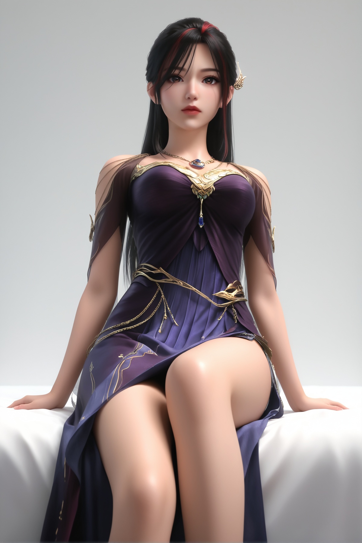 masterpiece,best quality,realistic,cinematic,detail eyes,(ultra-detailed),perfect composition,intricate details,absurdres,detailed face,high quality,high res,8K,<lora:X_zhaoxianger_zy_IL4.0:0.8>,black hair,streaked hair,red hair,brown eyes,1girl,long hair,breast,medium breast,hair_ornament,dress,purple_dress,bare_legs,sitting,bed,simple background,white_background,looking_at_viewer,