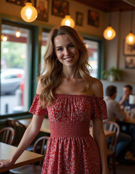 beautiful detailed photograph,  wearing a dress,  standing in cafe looking at the viewer on Tensor.Art