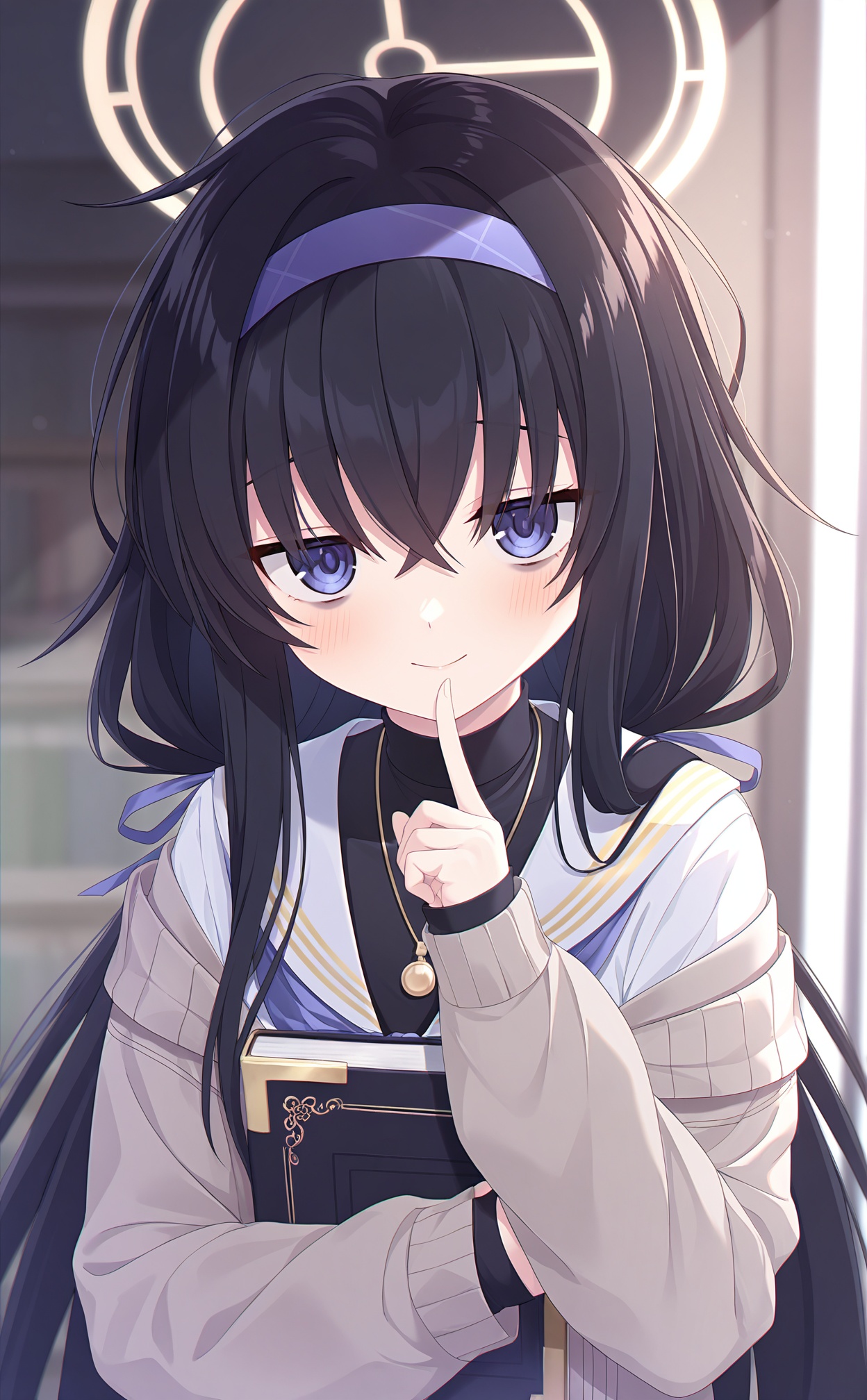 masterpiece,very aware,highres,absurdres,newest,best quality,high quality,loli,petite,chromatic_aberration,//,1girl,ui_\(blue_archive\),halo,solo,book,black_hair,blue_eyes,holding_book,hairband,long_hair,blue_hairband,bags_under_eyes,jewelry,looking_at_viewer,neckerchief,school_uniform,blue_neckerchief,holding,cardigan,long_sleeves,upper_body,finger_to_mouth,black_undershirt,sailor_collar,necklace,grey_cardigan,white_sailor_collar,serafuku,hair_between_eyes,white_serafuku,smile,yellow_halo,sweater,blush,index_finger_raised,pendant,shirt,//,<lora:kz——【noob】hans-000002:0.8>,