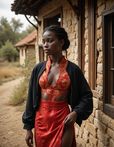 1girl, an african princess, black skin, flat chest,realistic, photorealistic, realistic skin texture, detailed( rustic vineyard house :1.2) ( red Cheongsam and Jacket :1.2 ), dark theme, Cinematic photography, movie mood, cinematic light, compelling composition, storytelling elements, conveys emotion, mood, and narrative depth, creating visually striking images that feel like still frames from a film