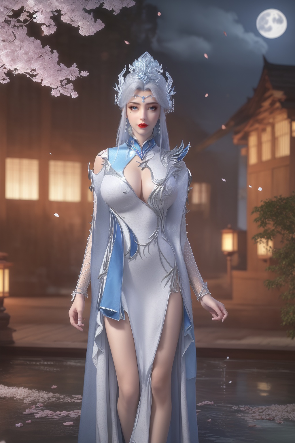 photo_\(medium\),(8k, RAW photo, best_quality),(masterpiece:1.2),(realistic:1.2),(photorealistic:1.3),(ultra-detailed),(extremely_detailed_cg_8k_wallpaper),(crystal_texture_skin:1.3),(shiny:1.2),(shiny_skin:1.4),(extremely_delicate_and_beautiful),(scenery, waterfall, (cherry_blossoms), (milfeulle_sakuraba), (petals, falling_petals), full_moon, moon, night, moonlight, night_sky, sky, petals, water, stone),shenfengNingYuDie,1girl,solo,torogao,breasts,large breasts,crown,shiny,dress,chinese clothes,blue dress,clothing cutout,crystal,hair bun,facial mark,forehead mark,standing,jewelry,hair ornament,earring,necklace,red lips,realistic,looking at viewer,<lora:shenfengNingYuDie_20240412212130-000005:0.7>,