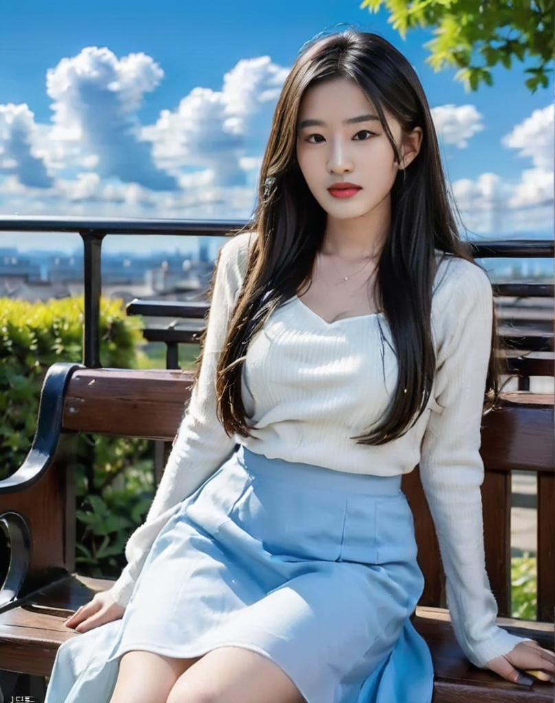 Liuyifei, 1girl, solo, white skirt, long hair, sitting, looking at viewer, realistic, outdoors a woman in a  white dress sitting on a bench with a blue sky in the background and a blue sky in the background ,<lora:XL_Liuyf:0.8>