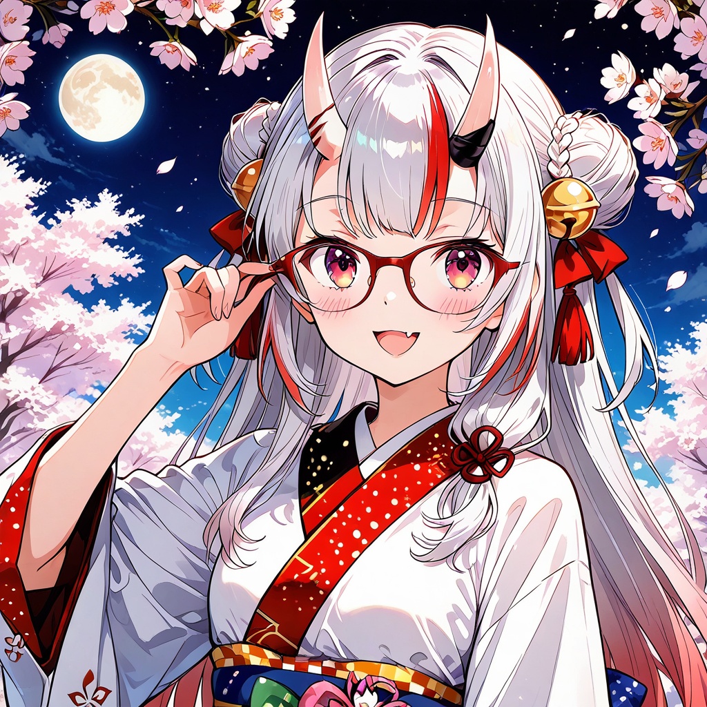 Melting,1girl, nakiri ayame, virtual youtuber, horns, oni horns, solo, glasses, multicolored hair, double bun, japanese clothes, red eyes, hair ornament, red hair, long hair, hair bun, streaked hair, bell, looking at viewer, hair bell, kimono, smile, night, white hair, fang, oni, open mouth, blush, upper body, sky, outdoors, bangs, white kimono, star (sky), adjusting eyewear, hair ribbon, jingle bell, ribbon, :d, night sky,(UHD),anatomically correct,accurate,textured skin,super detail,high details,award winning,best quality,high quality,retina,16k,HD,1080P,8k,
