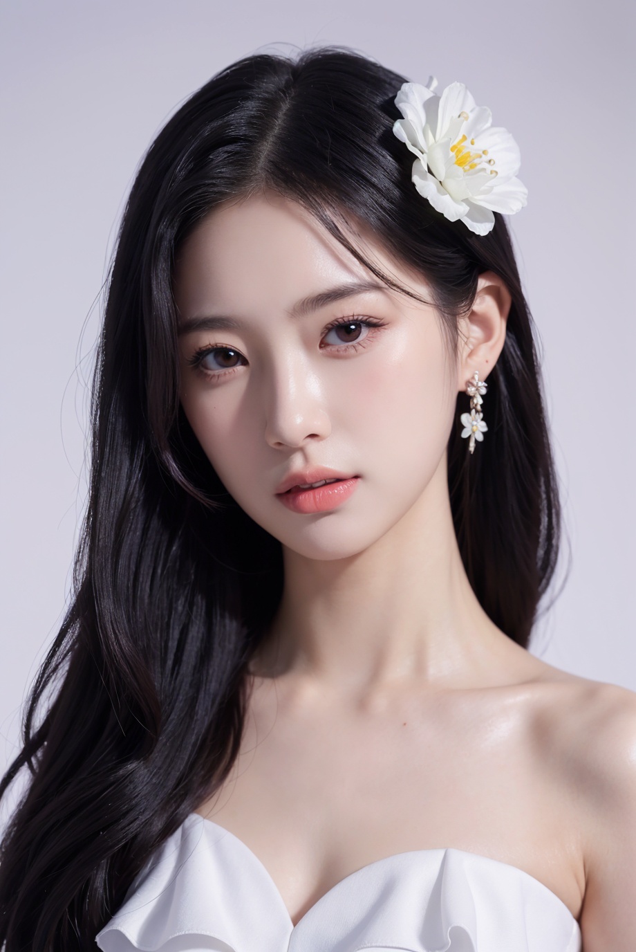 1girl, solo,(front view:1.2),(looking_at_viewer:1.4),(eye-contact:1.4),,black hair, long hair, jewelry, realistic, earrings, hair ornament, black eyes, lips, collarbone, parted lips, flower, watermark, upper body, portrait, hair flower, dress, web address,  <lora:YG红颜阁美女9:0.85>,