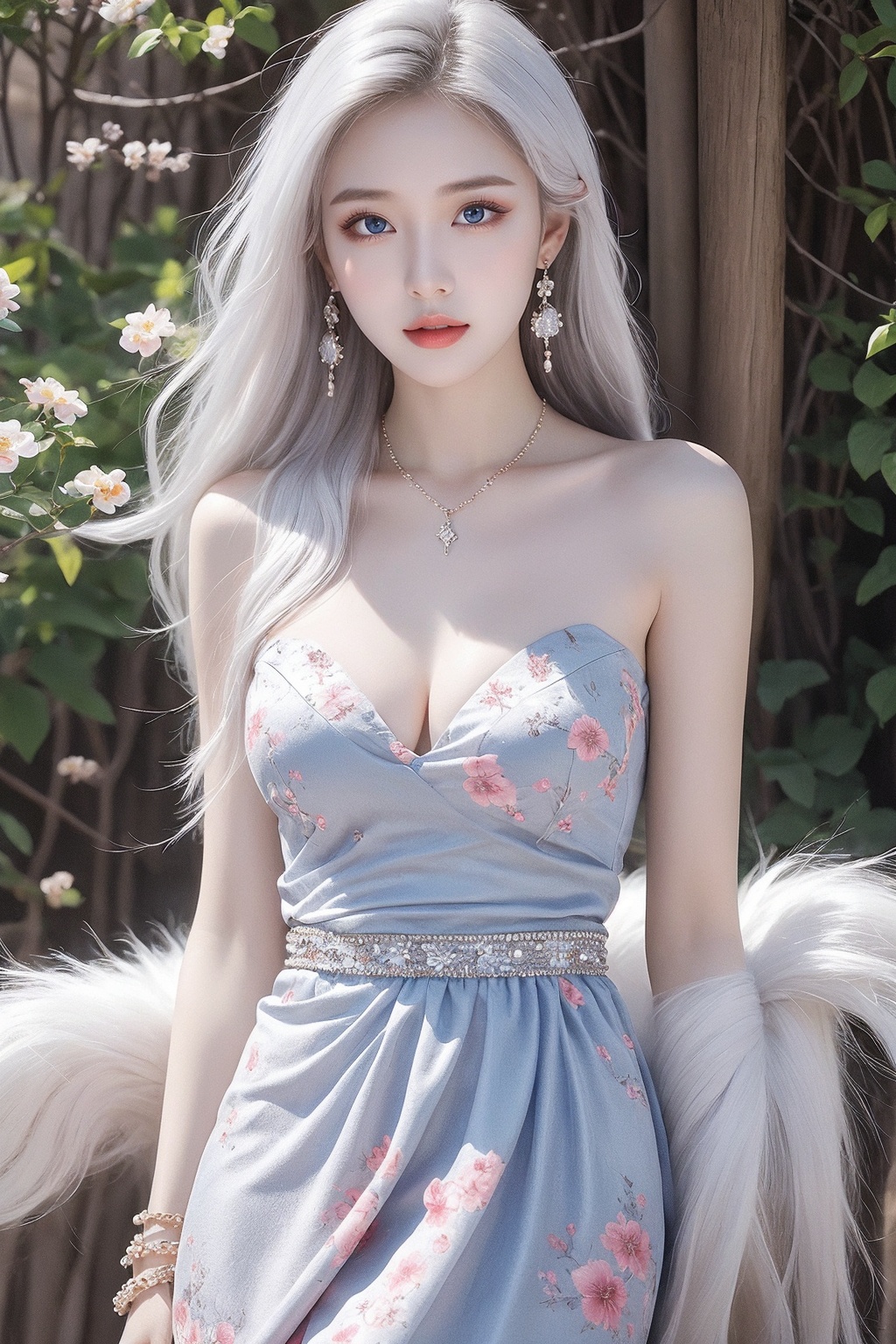 1girl, bare shoulders, blue eyes, bracelet, breasts, cleavage, dress, earrings, floral print, jewelry, long hair, looking at viewer, medium breasts, necklace, solo, very long hair, white hair <lora:美女:0.8>