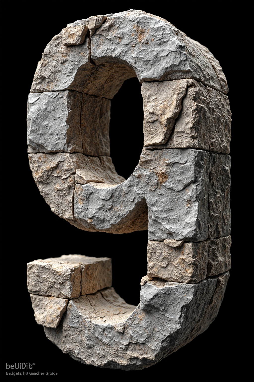 beijihui,The image shows a large, three-dimensional number "9" **** of a textured, stone-**** material. The number is sculpted with a rugged, almost weathered appearance, giving it a natural, organic look. The background is completely black, which makes the number stand out prominently. The number is positioned centrally in the image, and there are no other objects or elements visible in the background. The texture of the number is detailed, with visible lines and patterns that suggest it is carved or sculpted from stone.