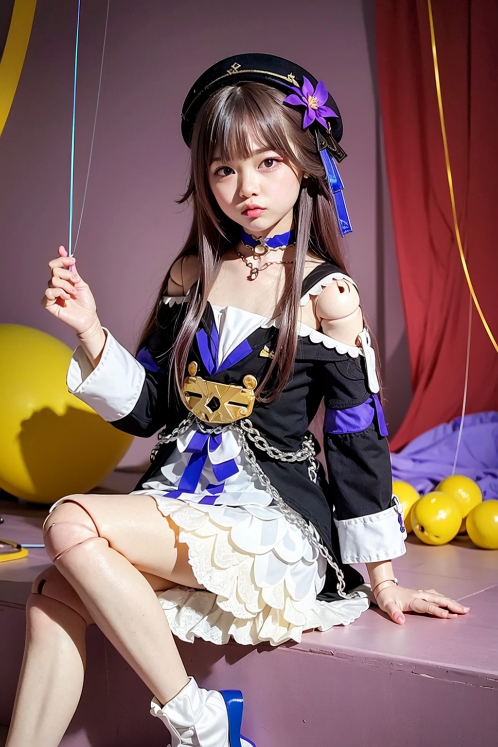 masterpiece, best quality, <lora:herta:1>,doll joints, joints, 1girl, long hair, puppet strings, sitting, puppet, dress, bangs, looking at viewer, very long hair, solo, doll, purple eyes, long sleeves, multicolored hair, choker, expressionless, bow, string, hat, black headwear, closed mouth, hair ornament