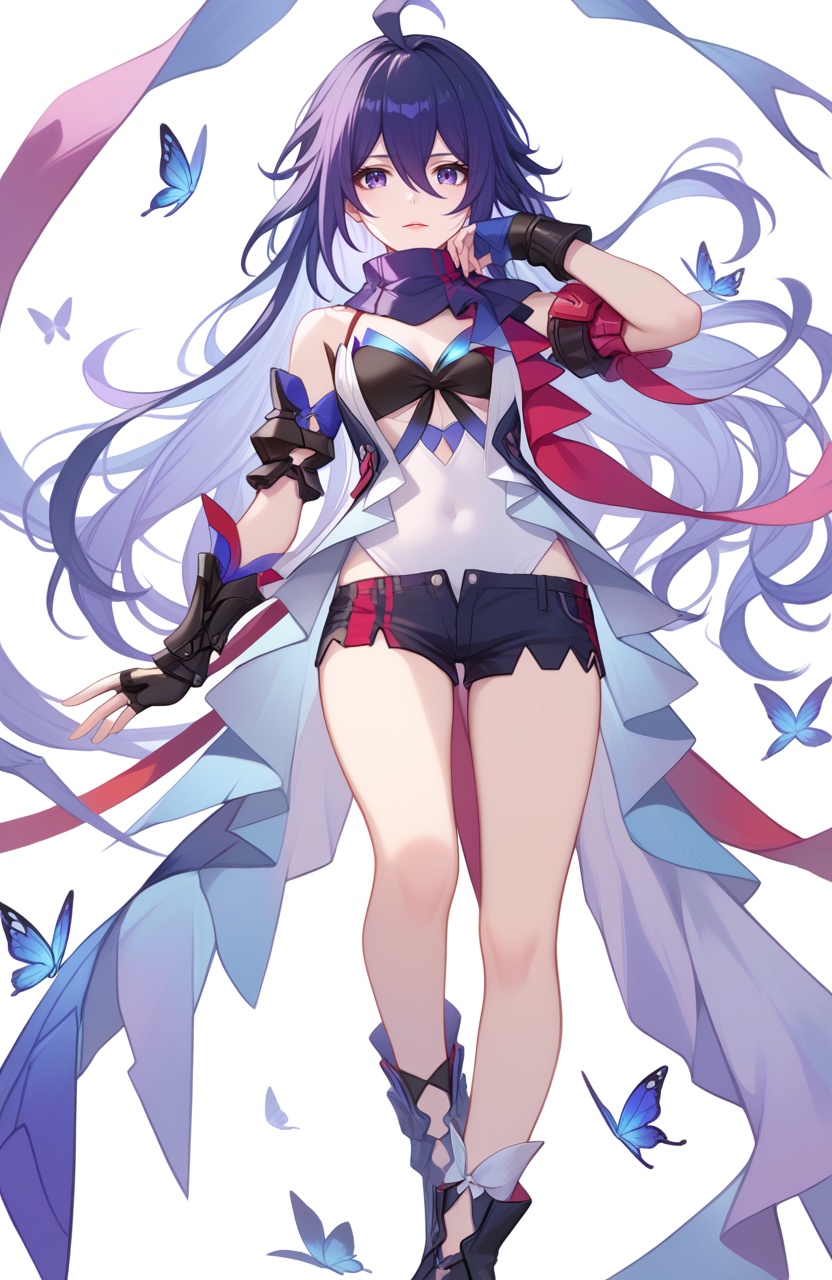<lora:星铁希儿2pony:1>,seele (honkai: star rail),a girl named seele (honkai: star rail),1girl,solo,looking at viewer,bare shoulders,purple scarf,black shorts,covered navel,short shorts,black gloves,detached sleeves,fingerless gloves,black footwear,scarf,butterfly,, (score_9,score_8_up,score_7_up),(masterpiece,best quality,high quality:1.2),absurdres, prefect lighting, very aesthetic, anime BREAK