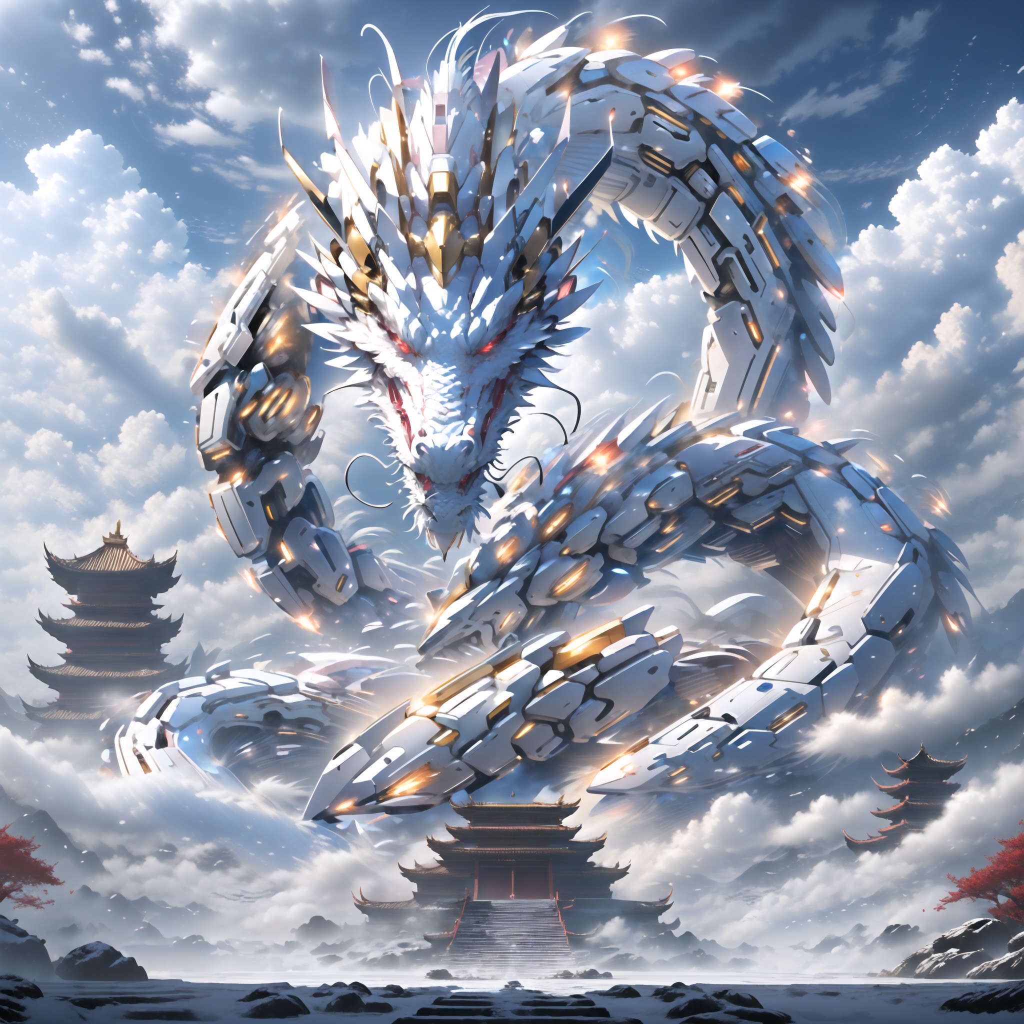 a mecha dragon is flying through the air with clouds in the background and a building in the foreground with a sky background,red eyes,<lora:mecha_loong_v1:0.8>,8k,High quality,high qualit,no humans,glowing,cloudy sky,scenery,dragon,architecture,east asian architecture,pagoda,building,flying,jet device,high detailed,white mecha,HD,black joint,