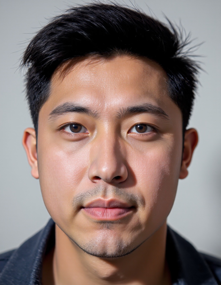 <lora:20250110_AgainCharacters_Flux:1>, realistic, 1boy, male focus, solo, facial hair, portrait, black hair, looking at viewer, brown eyes, asian, simple background, photorealistic, short hair