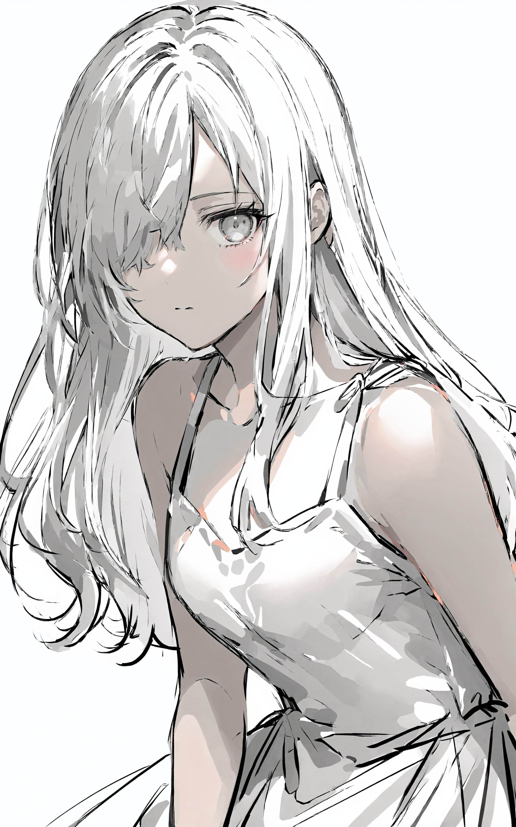1girl, solo, dress, white background, long hair, simple background, hair over one eye, sleeveless dress, sleeveless, sketch, looking at viewer, closed mouth, monochrome, white dress, bare shoulders    <lora:XLTEST 10:0.75>