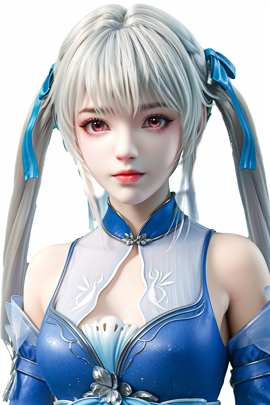 (best quality,masterpiece1.2),ultra detailed,8k,RAW photo,realistic,photorealistic,ultra-detailed,intricate detail,extremely detailed,delicate pattern,4K,crystalstexture skin,shiny skin,looking at viewer,<lora:syaigc_林青檀_lolita:0.6>,1girl,solo,twintails,red eyes,hair ribbon,white hair,long hair,bare shoulders,blue ribbon,bangs,dress,detached collar,sash,detached sleeves,blue dress,white_background,portrait,looking_at_viewer,big breasts,