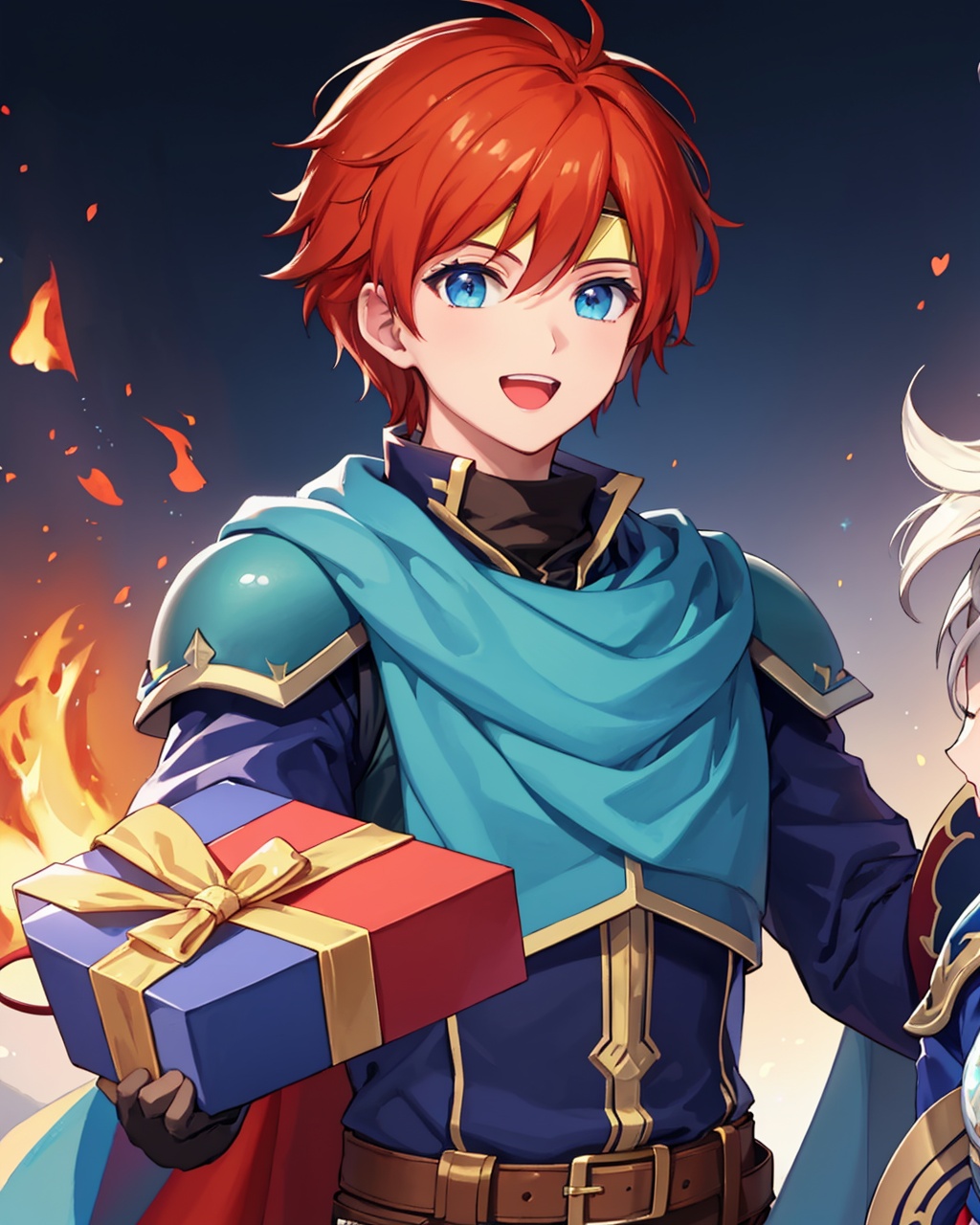 masterpiece,best quality, highly detailed, eliwood (fire emblem), smile, male focus, cape, headband, gloves, 1boy, armor, open mouth, gift, simple background, solo focus,<lora:eliwood_(fire_emblem):1>