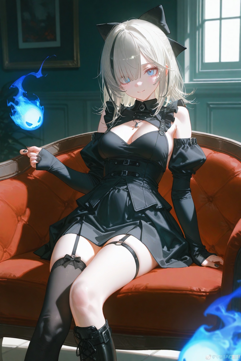 1girl,thighhighs,breasts,solo,blue eyes,multicolored hair,ghost,cleavage,boots,black footwear,bow,black nails,smile,skirt,looking at viewer,virtual youtuber,black bow,grey hair,frills,streaked hair,hair bow,medium breasts,sleeves past wrists,asymmetrical legwear,medium hair,closed mouth,hair over one eye,black skirt,long sleeves,garter straps,black hair,knee boots,dress,bare shoulders,single thighhigh,indoors,hitodama,black thighhighs,long hair,masterpiece,best quality,very aesthetic,absurdres,{{artist:pottsness}},[[artist:onineko]][[artist:as109]],artist:ciloranko,artist:john kafka,artist:wanke,artist:betabeet,artist:quasarcake,(artist:alphonse \(white datura\):0.3),(artist:fkey:0.1),(artist:konya karasue:0.2),(artist:dino \(dinoartforame\):0.8),(wlop:0.7),