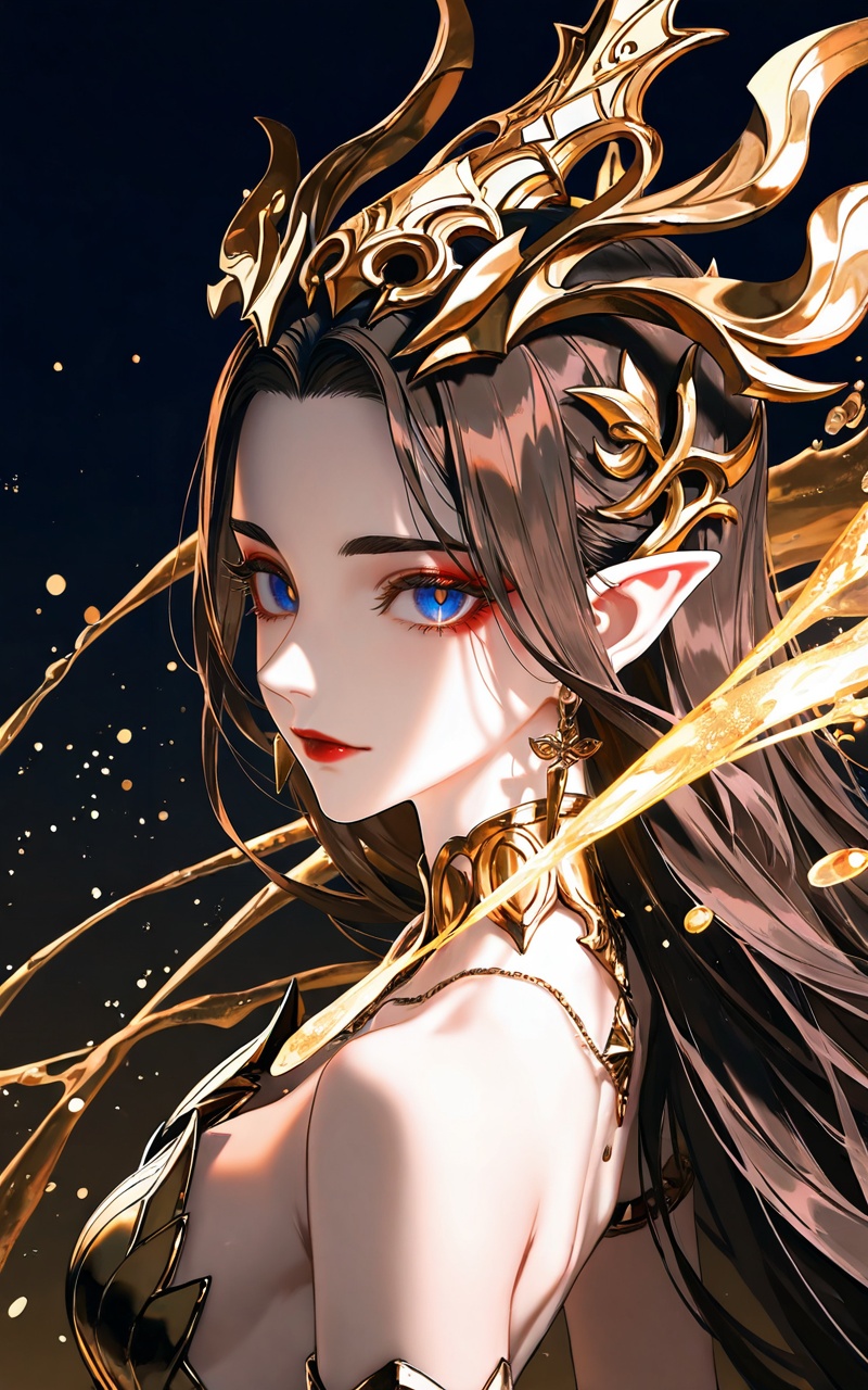 <lora:美杜莎-0.0819:0.6>,meidusha,1girl,pointy ears,solo,long hair,earrings,jewelry,black hair,crown,hair ornament,looking at viewer,brown hair,blue eyes,red lips,makeup,(upper_body:1.1),close-up details,outstanding style,adding a touch of dimension to your images without compromising details,whirls of vapor,iridescent textures,(Anime:1.1),ethereal ambiance,delicate details,magical high-concept,32K UHD,sharp focus,best-quality,masterpiece,golden hour,unconventional supreme masterpiece,masterful details,temperate atmosphere,with a high-end texture,in the style of fashion photography,photography,cover,dynamic angle,dynamic posture,(artist:quasarcake:0.8),extreme aesthetic,(wlop:0.6),(honjou raita, lack, rella:0.5, wanke),masterpiece,best quality,good quality,very aesthetic,absurdres,visual impact,a shot with tension,ultra-high resolution,32K UHD,sharp focus,best-quality,masterpiece,emotionalization,unconventional supreme masterpiece,masterful details,temperate atmosphere,with a high-end texture,in the style of fashion photography,(visual impact:1.2),giving the poster a dynamic and visually striking appearance,impactful picture,official art,colorful,splash of color,movie perspective,masterpiece,best quality,amazing quality,very aesthetic,absurdres,best quality,newest,
