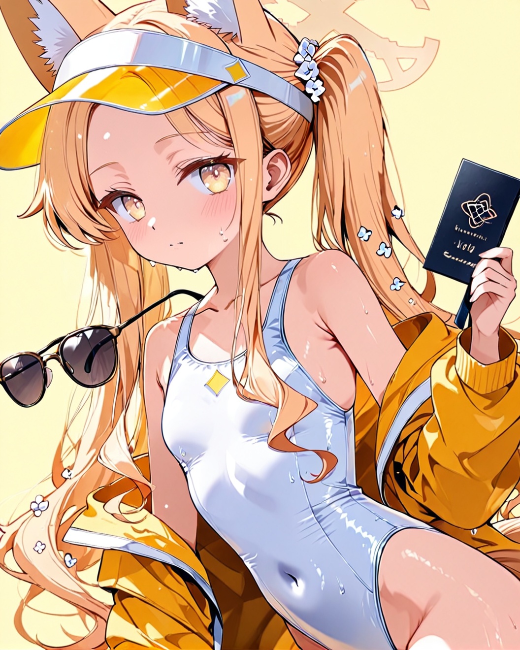 O,seia\(blue_archive\), 1girl, animal ears, swimsuit, solo, blonde hair, one-piece swimsuit, long hair, jacket, yellow background, visor cap, sunglasses, fox ears, looking at viewer, breasts, small breasts, tail, halo, white one-piece swimsuit, twintails, off shoulder, eyewear removed, holding, animal ear fluff, covered navel, simple background, fox tail, yellow jacket, holding eyewear, open clothes, bare shoulders, sidelocks, blush, standing, hair ornament, parted bangs, closed mouth, long sleeves, hood, yellow eyes, flower, bangs, thighs, hair flower, open jacket, extra ears, fox girl, from side, hooded jacket, highleg, sweat, collarbone, wet, cowboy shot, highleg swimsuit, leg up,(UHD),anatomically correct,accurate,textured skin,super detail,high details,award winning,best quality,high quality,retina,HD,16k,1080P,