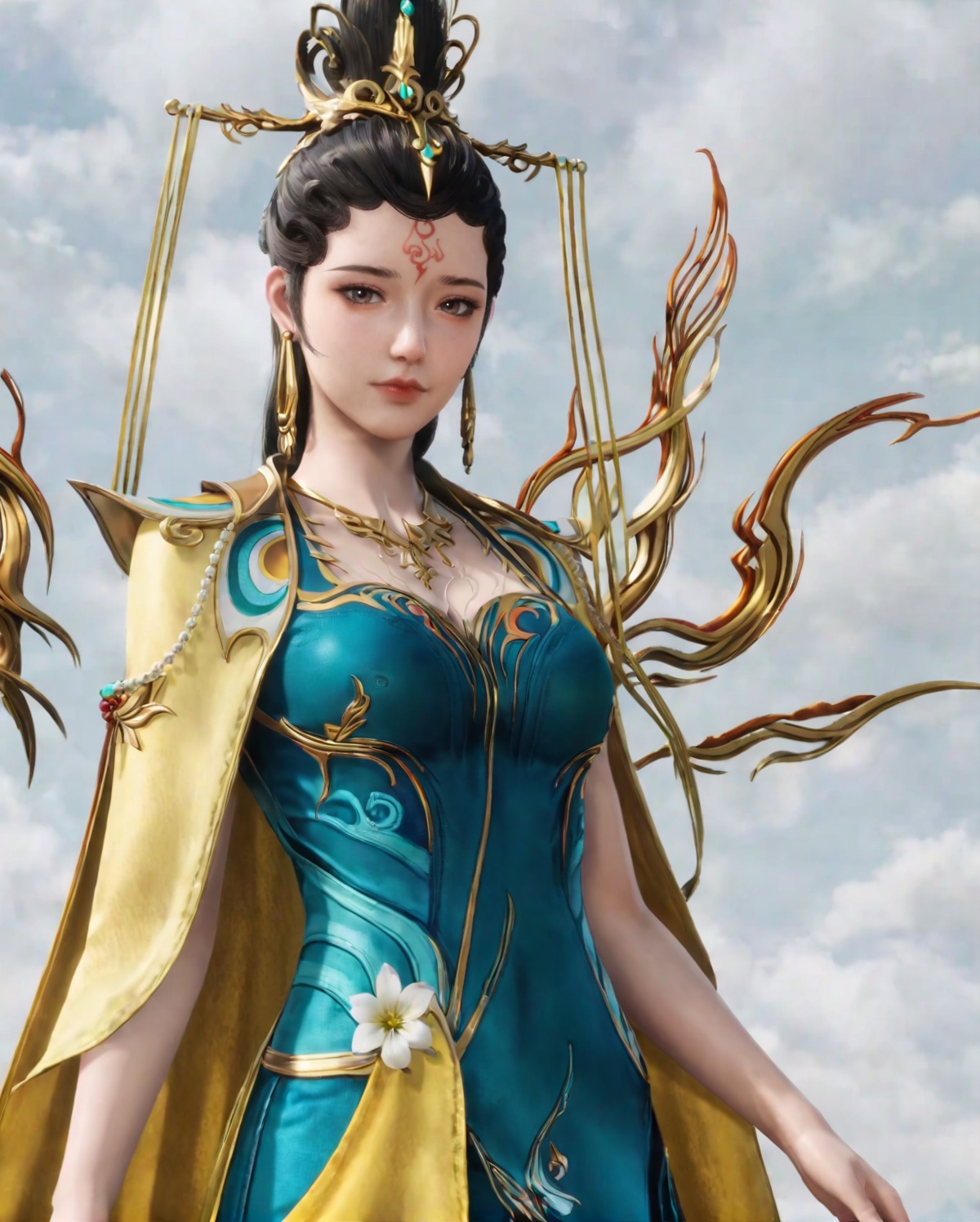 score_9,<lora:SF_NvWa_Pony_Realism-000003:0.7>,black hair,long hair,DarkCyan dress,1girl,solo,flower,earrings,forehead mark,yellow cape,branch,hair ornament,standing,looking at viewer,cowboy_shot,
