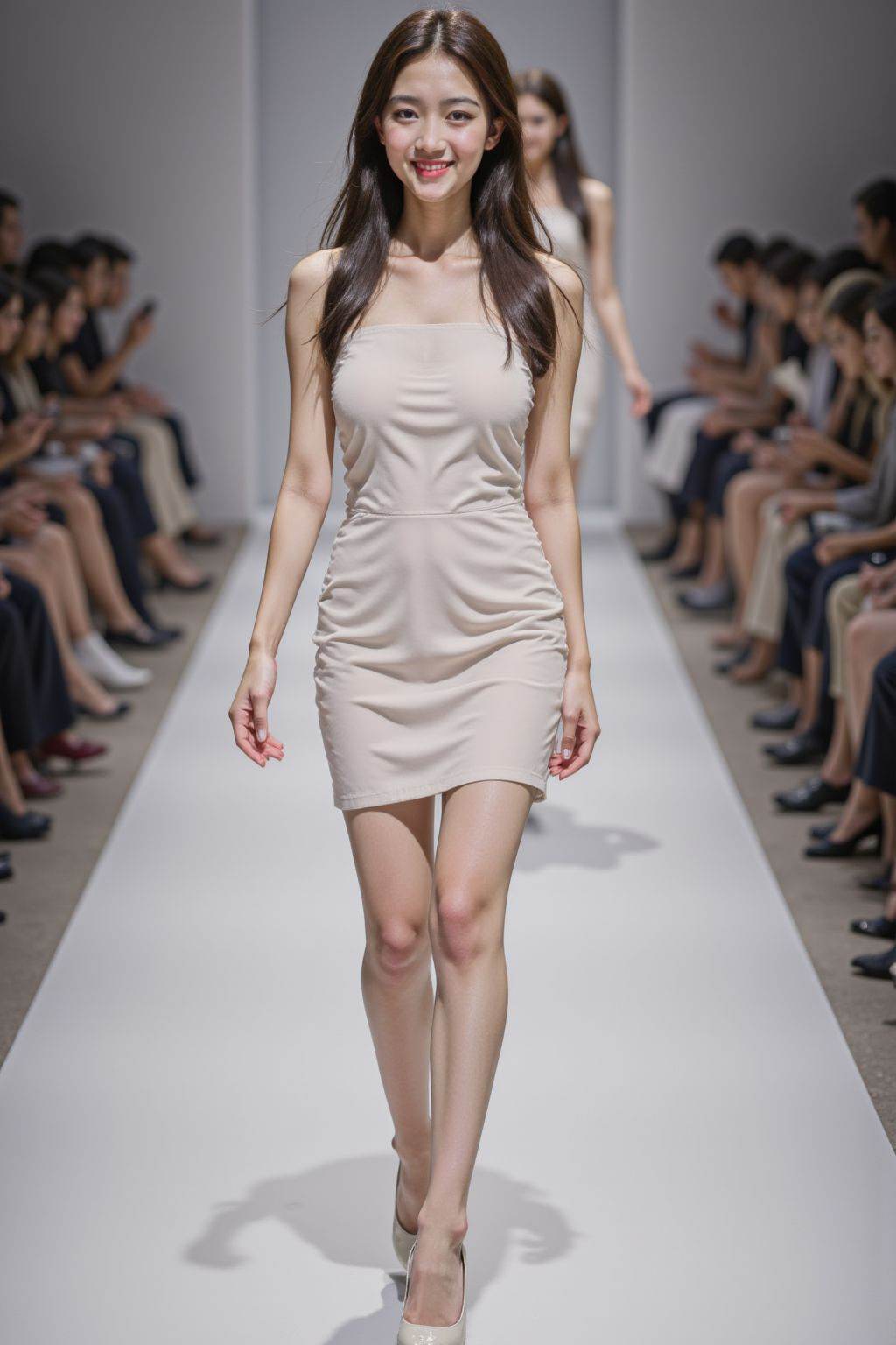 Fuji camera filter,Catwalk,models walk the catwalk,simple outfits,smile,dress,high heel shoes,and you can see the catwalk when you look from the side.