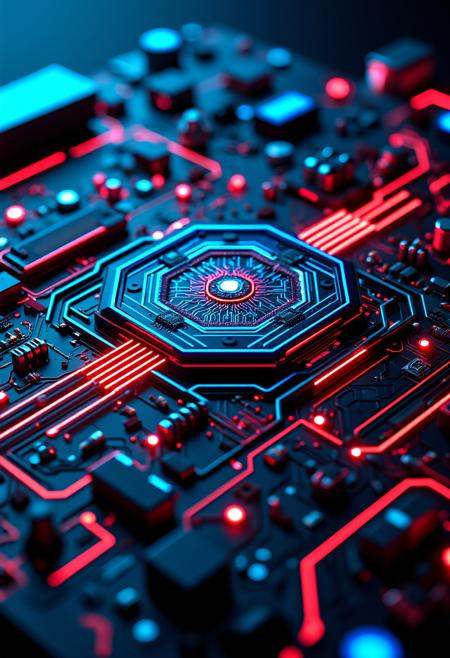 This image is a high-resolution CGI (computer-generated imagery) rendering of a futuristic circuit board. The board is intricately designed with a mix of vibrant blue and red neon lines that create a three-dimensional effect, giving the appearance of depth and complexity. The board is composed of multiple layers, each with its own set of circuitry and components. At the center, there is a prominent, hexagonal-shaped module with intricate patterns and smaller components embedded within it. The blue lines represent power or data pathways, while the red lines denote more complex or critical circuits. Various components, such as resistors, capacitors, and transistors, are scattered throughout the board, each with its own distinct shape and color. The background is a dark, gradient shade that enhances the neon glow of the circuitry, making the board appear almost holographic. The overall texture is smooth and sleek, suggesting a high-tech, advanced electronic device. The image captures the essence of cutting-edge technology, with a focus on precision and efficiency.,  <lora:art and styles/Defluxion II.safetensors:1.0>,