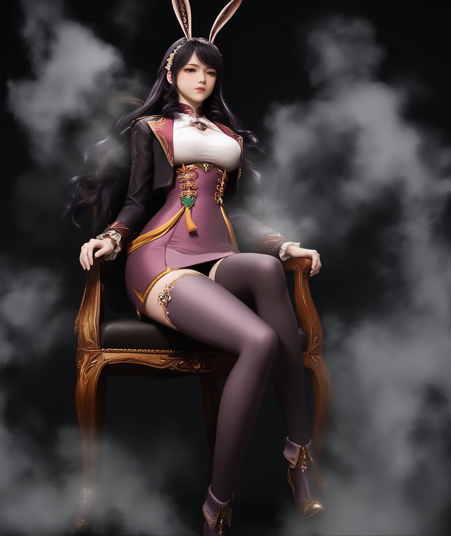 (score_9),masterpiece,best quality,absurdres,highres,BREAK(white_skin),(slender_waist:1.2),(glamor:1.2),wide hips,disdain,jitome,collarbone,<lora:江楠楠-ill-000009:0.83>,1girl,solo,black hair,long hair,hair ornament,hair flower,brown eyes,jewelry,rabbit ears,fake animal ears,cropped jacket,dress,leg ribbon,single_leggings,high heels,collarbone,(large breasts),puffy chest,large breasts,looking at viewer,front view,standing,sitting,chair,pov,from below,BREAKsimple background,black background,Tyndall effect,fog,branch,twig,