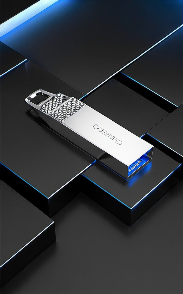 gaoji,3D rendering,body showing high-end stainless steel USB flash drive,simple black background,blue light strip below,top view Angle,studio lighting,surreal details,product photography,high resolution. Rendering is in the style of a high-end product photography studio,<lora:GJsp4-XL-000005:0.9>,