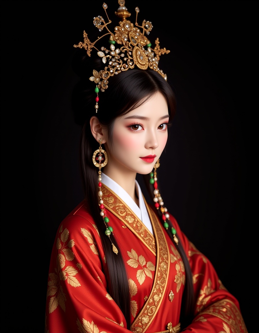 The image depicts a beautifully dressed figure adorned in traditional attire,likely from an East Asian culture. The individual is wearing a richly embroidered red robe with intricate golden patterns,suggesting a high status or ceremonial role. The person's headdress is elaborate,featuring gold and jewels,with long,dangling strands of beads or silk adding to the opulence. The earrings are large and ornate,with green and red elements,complementing the overall regal appearance. The background is dark,which contrasts with the bright,detailed clothing and headdress,drawing attention to the figure's elegant and majestic presence.,