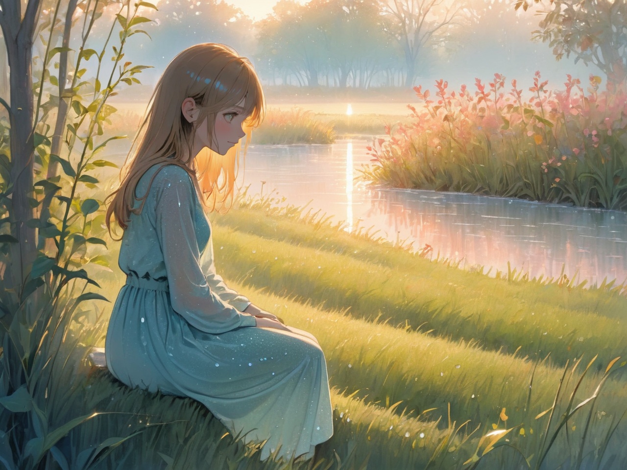 Title: "Morning's First Light: A Portrait of Serenity Amidst Dawn"ArtStyle: Colored Pencil Drawing  - Texture: Gentle and nuanced, capturing the subtlety of early morning light  - Color Palette: Soft, warm hues of sunrise – oranges, pinks, and light yellows, blending with the cooler morning blues and greensSceneDescription:  - Overall Scene: A wider landscape view, depicting a serene early morning setting  - Subject: The same person, now viewed from a moderate distance, still in profile with a gentle smile    - Position: Seated or standing in a tranquil outdoor setting, possibly on a bench or near a balcony    - Appearance: Silhouetted subtly against the morning light, maintaining the soft, ethereal quality  - Surroundings:     - Nature: Dew-kissed grass, delicate flowers with soft colors, and trees with leaves gently rustling in the morning breeze    - Sky: A majestic, softly lit sky with hues of pink and orange, blending into the light blue of early morning    - Wildlife: Birds in early flight or perched on branches, adding a sense of awakening life  - Lighting: The sun, just peeking over the horizon, casting a gentle, diffused light across the scene  - Foreground:     - Elements: Dewdrops glistening on grass and leaves, enhancing the freshness of the morning    - Shadows: Long, soft shadows stretching across the scene, adding depth and tranquilityMood: A sense of peaceful awakening and the quiet joy of a new day, as captured in the serene beauty of dawn's first light