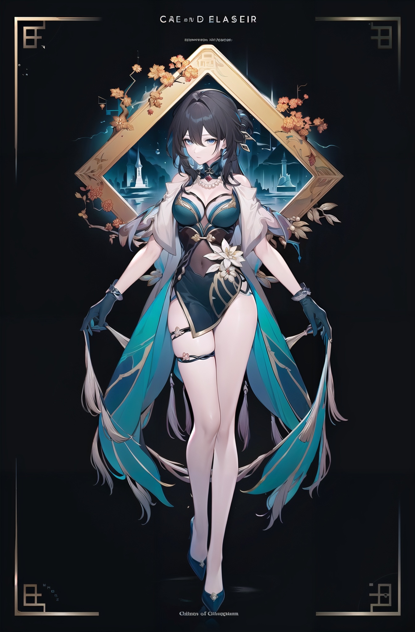 simple_black_background, black and white theme, Sense of coordination, sense of order, mathematics beauty, (((cover design))), (((((cover art))))), ((trim)), album_art, official art, (Master's work), full body, <lora:ruanmei-v100-000029:0.8:lbw=OUTALL>, ruanmei, 1girl, gloves, blue eyes, black hair, dress, breasts, high heels, chinese clothes, chessboard, chess, white geometry, black geometry, reflection, crystal_art, pattern_design, creative, Mystery pattern, black crystal decorate, black crystal, (architectural art), ((geometric art)), pattern design, creative, lost in hell, ------, Low saturation, grand masterpiece, Perfect composition, film light, light art, <lora:今宵hitokomorustyle:0.8>, 