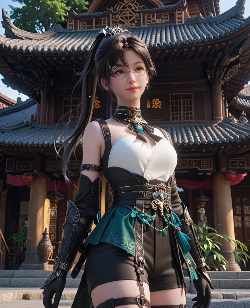 (oriental architecture, elegant decor, sophisticated style:1.1),(Standing with arms crossed and a confident smile,:1.1),(breasts:1.2),<lora:XL逆水寒玄机掌门宋邀星>,miss xuanji,black hair,glasses,ponytail,choker,detached collar,tube top,long hair,green overskirt,black shorts,sash,thigh strap,black thighhighs,elbow gloves,lips,, score_9,score_8_up,score_7_up,score_6_up,score_5_up,score_4_up,3d rendering,tag1,tag2, Cinematic Lighting,backlighting,