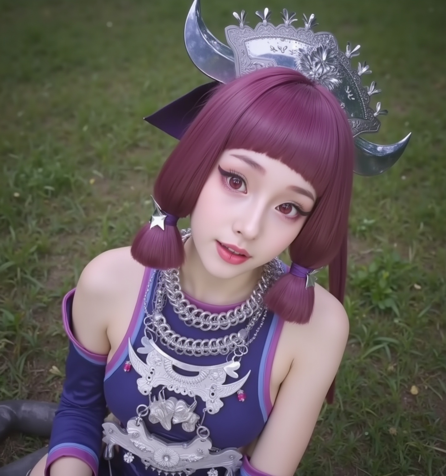 mmgchimeng,Very realistic style,HD photography style,red eyes,purple hair,purple costume,cleavage,sitting on grass,a young woman,