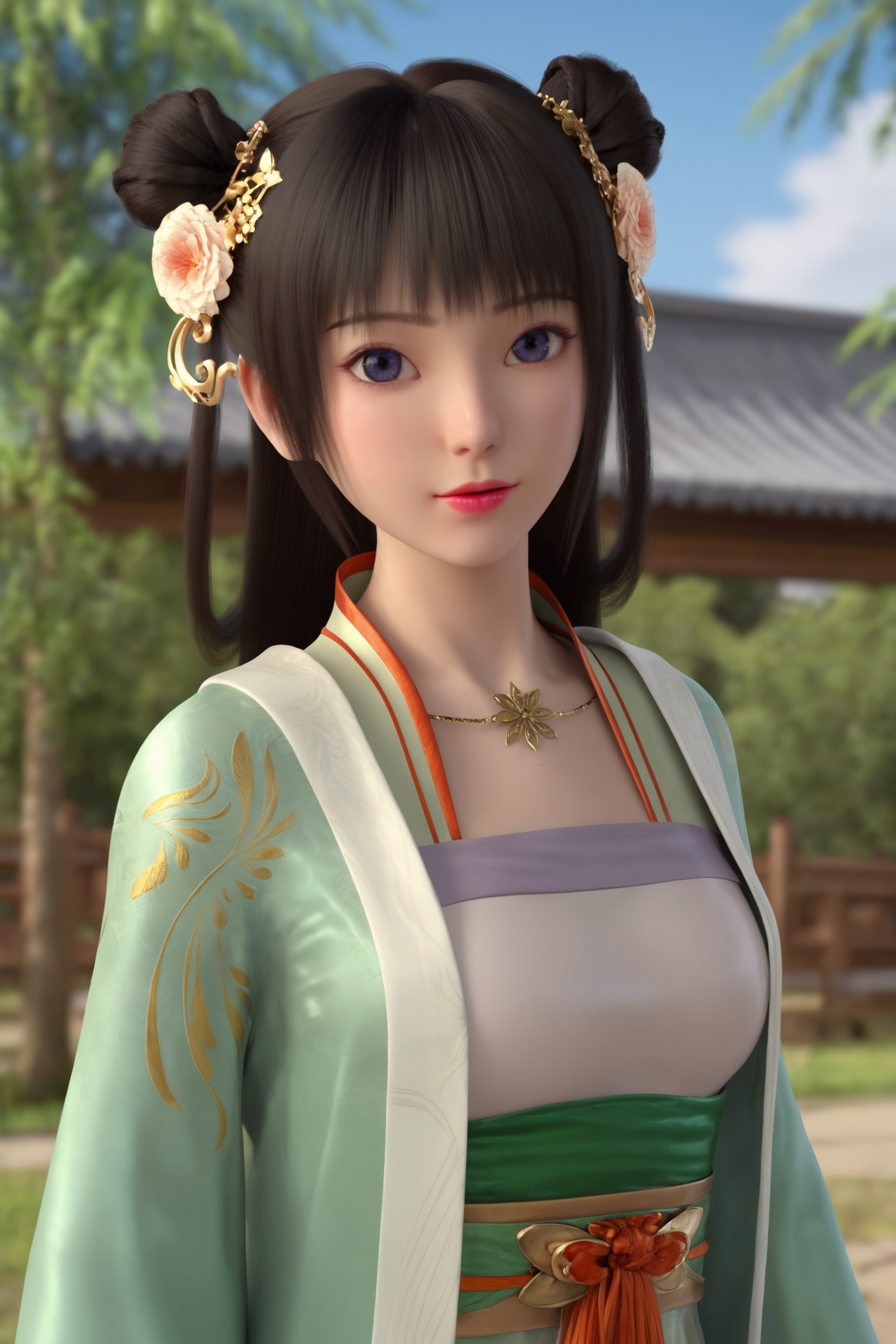 1girl,solo,shiny,shiny_hair,upper_body,fair_skin,white_skin,shiny_skin,shiny,Ivory_skin,looking at viewer,cinematic lighting,volumetric lighting,solo focus,blurry background,depth of field,day,sky,day sky,sunlight,<lora:风起洛阳-李莹Pony:0.7>,1girl,two high buns,floral hairpins,long,black hair,traditional Chinese dress,flowing,pale green kimono,with white and gold patterns,long sleeves,long skirt,white dress,