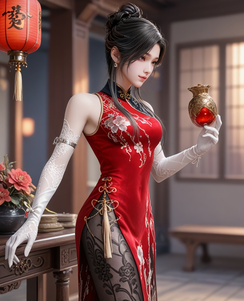 (oriental architecture, elegant decor, sophisticated style:1.1),(arms at her side:1.1),(breasts:1.2),<lora:XL16永劫无间顾清寒皮肤冰凌:0.95>,miss guqinghan,red china dress,brown eyes,black hair,single updo with long front strands,white elbow gloves,black pantyhose with floral embroidery,side slit,, score_9,score_8_up,score_7_up,score_6_up,score_5_up,score_4_up,3d rendering,tag1,tag2, Cinematic Lighting,backlighting,
