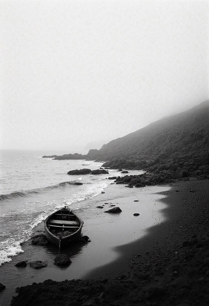 analog_feel,  a desolate seaside landscape,  dark volcanic rocks scattered along the shore on Tensor.Art