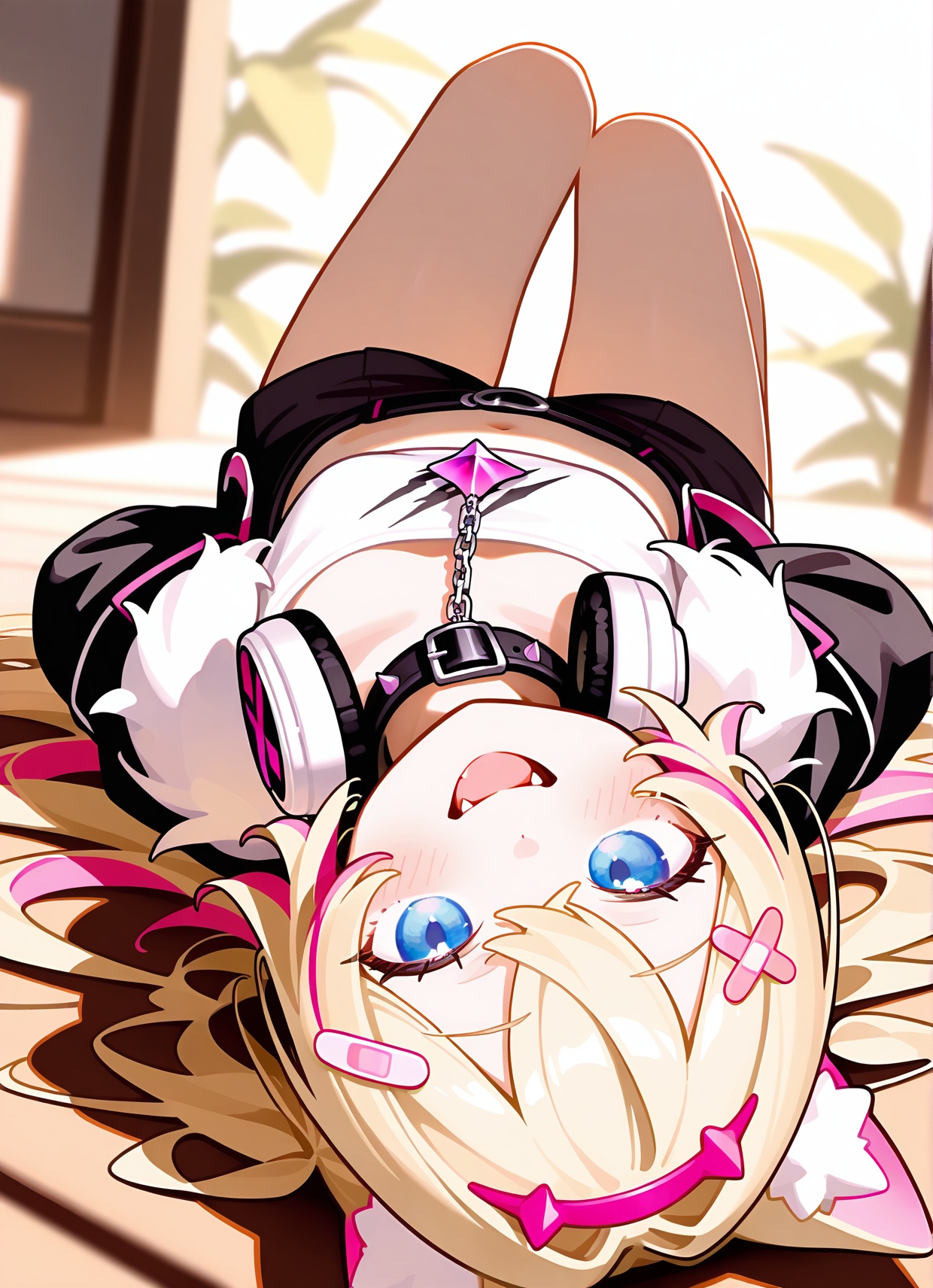 BREAK mococo abyssgard,1girl,:3,animal ears,bandaid hair ornament,black collar,black jacket,blonde hair,blue eyes,fangs,fur trim,headphones around neck,looking at viewer,multicolored hair,open mouth,pink hair,pink hairband,smile,white shirt,x hair ornament,cropped shirt,cropped jacket,arms behind back,bare foot,feet focus,lying,feet out of frame,, masterpiece,best quality,amazing quality,very aesthetic,high resolution,ultra-detailed,absurdres,scenery,depth of field,(tianliang duohe fangdongye:2)