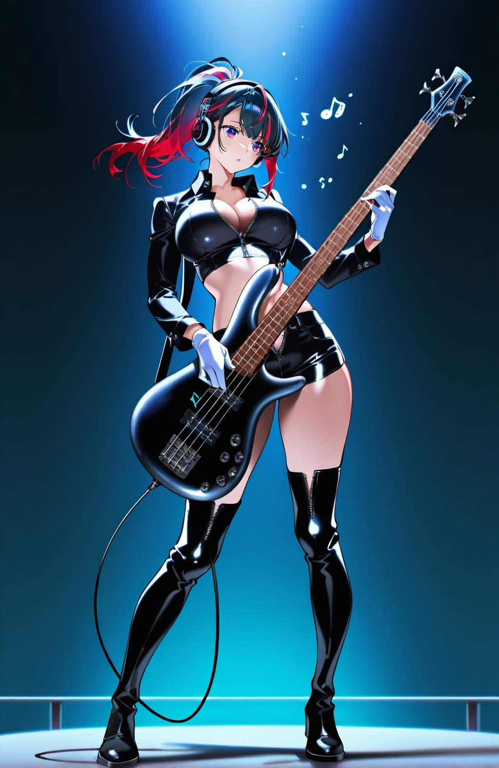 (1woman playing bass guitar),solo,front angle,dynamic pose,big breasts,beautiful eyes,streaked hair,long ponytail,glossy black leather long Sleeve,Open collar,bare hip unzipped cutouts on sides crop top,very short,leather shorts,white gloves,lovestruck,headphone,thighboots,musical notes,cyberpunk background,on stage,full body,textures,detailed texture,very detailed face,masterpiece,best quality,good quality,very aesthetic,absurdres,newest,artist:yoneyama mai,<lora:SR300E X20A7:1>,