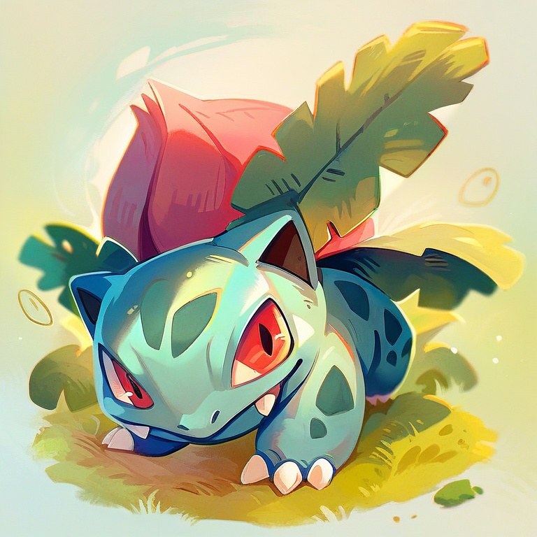 (ivysaur:1.1),score_9,score_8_up,score_8_up,source_furry,bud,a pink bud on the back,red eyes,green body,full body,simple background,(Green leaves on the back:0.8),(vines:0.6),3 toes,pokemon \(creature\),claws,<lora:ivysaur pony:1>,
