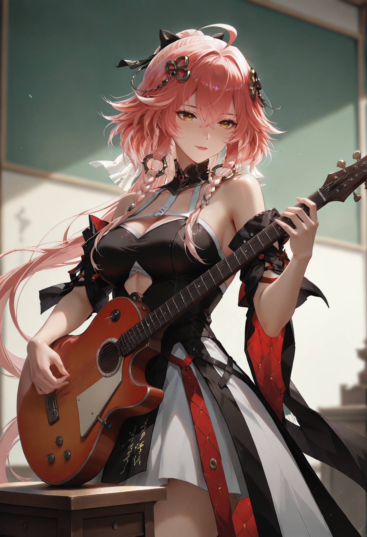 music classroom,standing,standing on the podium,instrument,playing instrument,solo,music,black hair,long hair,dress,guitar,holding instrument,<lora:长离长离:1>,changli,1 woman,yujie,long hair,bangs,hair ornament,hair between eyes,yellow eyes,pink hair,ahoge,red hair,from_side,