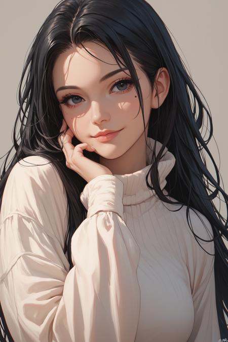 score_9,score_8_up,score_7_up,score_6_up, 1girl, solo, long hair, black hair, mole, looking at viewer, smile, black eyes, head tilt, upper body, lips, hand on own face, simple background, closed mouth, long sleeves