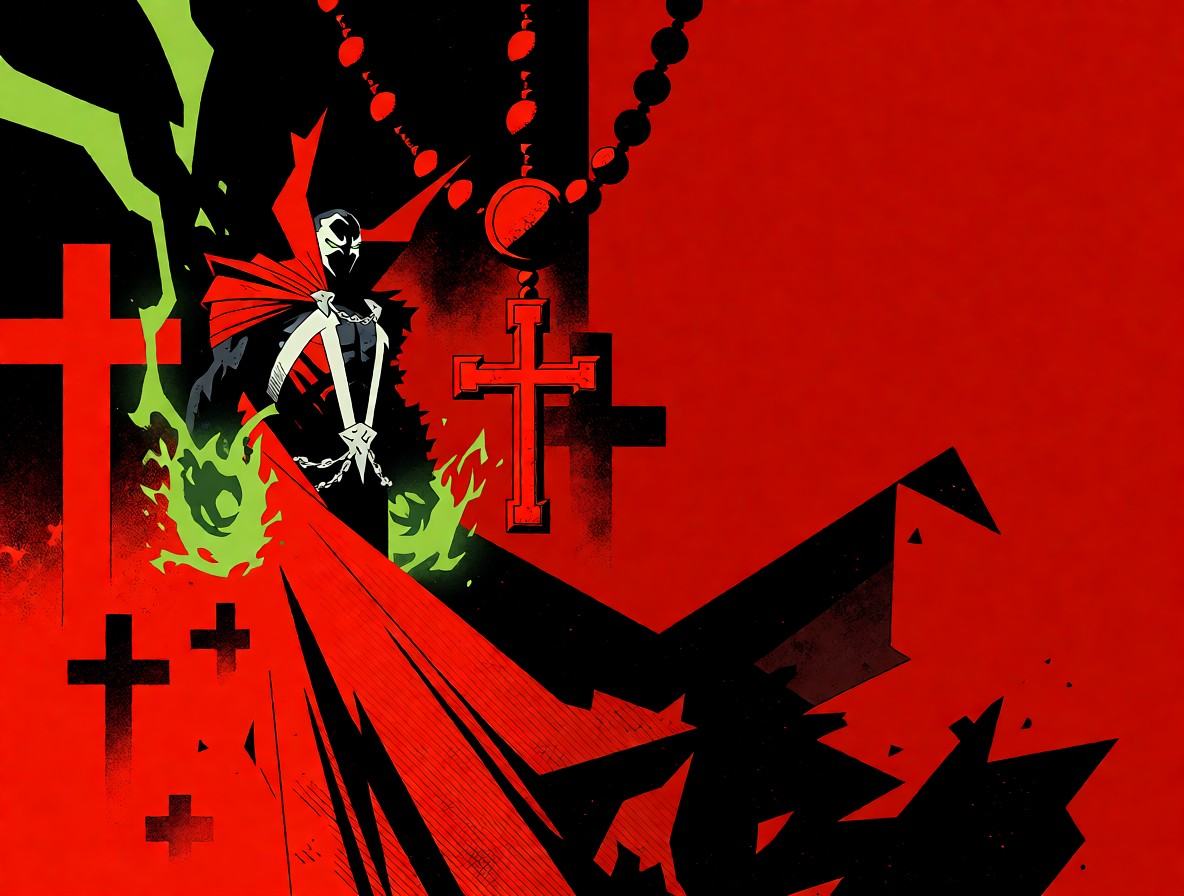 Subject and ActionSpawn from the comic of the same name stands prominently,  his large red cloak sprawling dynamically acr...