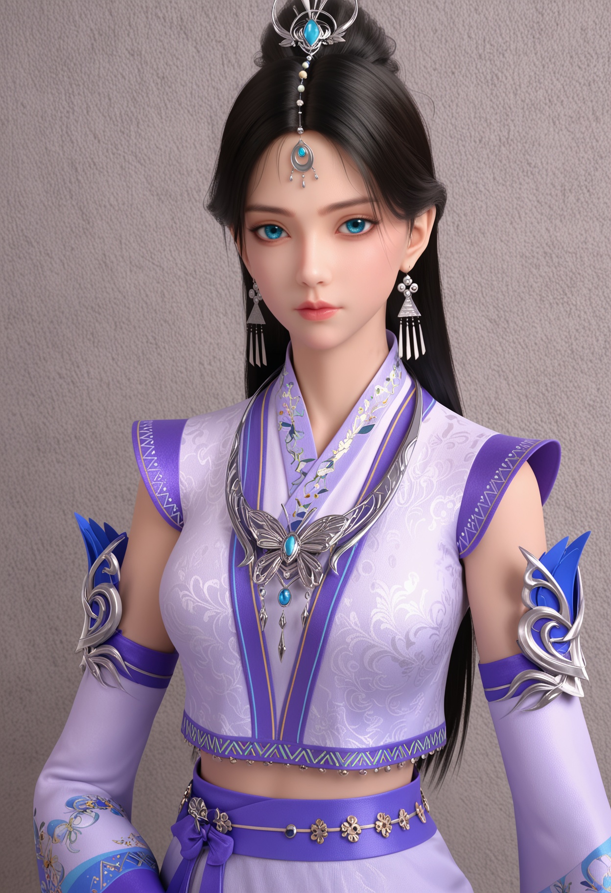 score_9,high detail,best quality,shiny skin,shiny,liuruyan,1girl,solo,blue eyes,long hair,black hair,jewelry,earrings,realistic,hair ornament,white background,closed mouth,dress,forehead jewel,detached sleeves,necklace,hair bun,lips,expressionless,simple background,looking at viewer,cowboy shot,thighs,<lora:QQSponyliuruyanV1:0.8>,<lora:Pony_DetailV2.0:0.8>,<lora:皮肤凹痕:0.1>,
