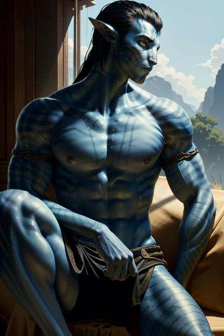 ((ultra detailed, masterpiece, absurdres))<lora:AvJakeSully:0.9>AvJakeSully,1boy,blue skin,yellow eyes, sitting_side_profile_right