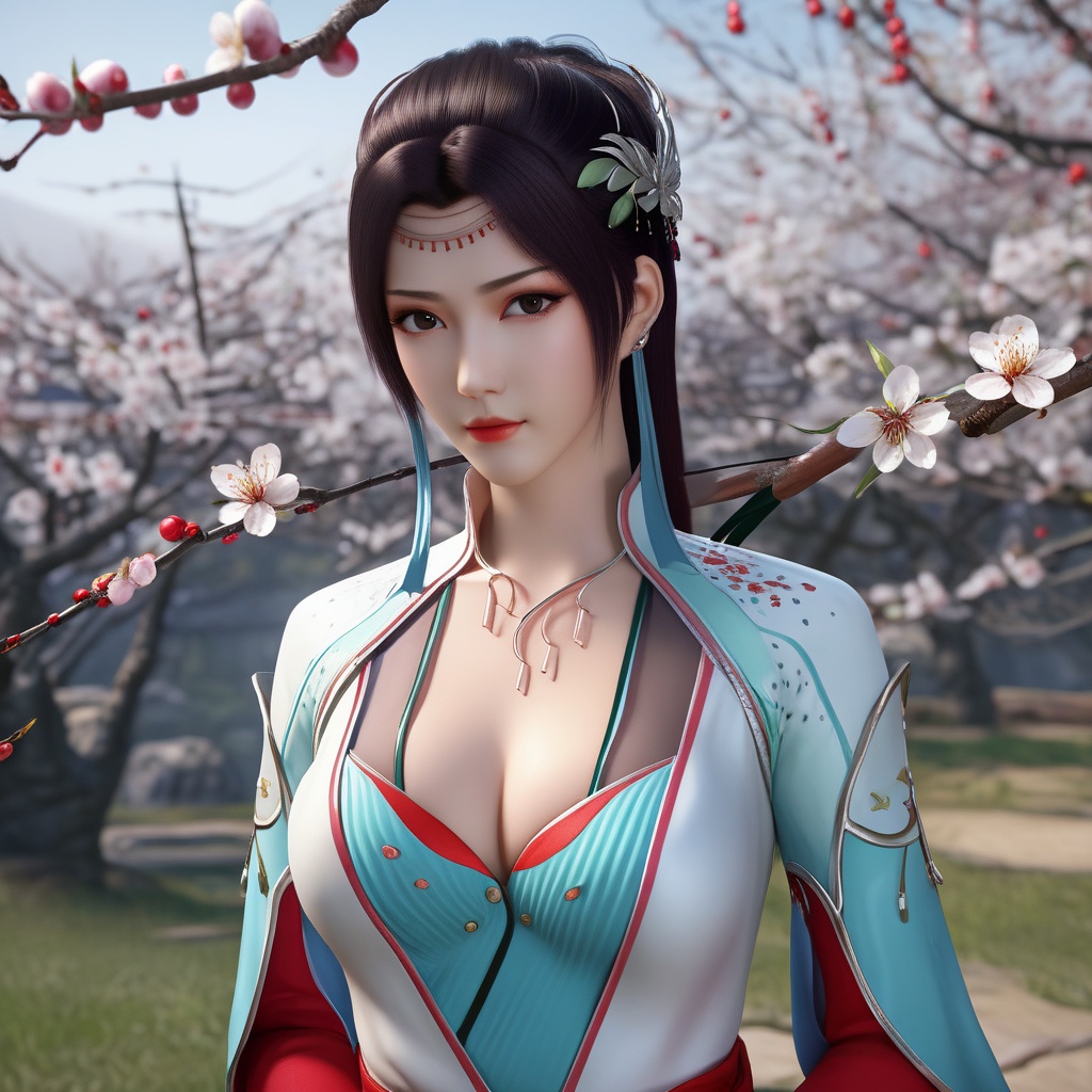 <lora:786-DA-XL-斗破苍穹-云韵-绿服:0.8>, (,1girl, ,best quality, ),looking at viewer,  ,ultra realistic 8k cg,, ,masterpiece, (( , )),, ,   plum blossoms,    ,,  (cleavage),,  (), ,,