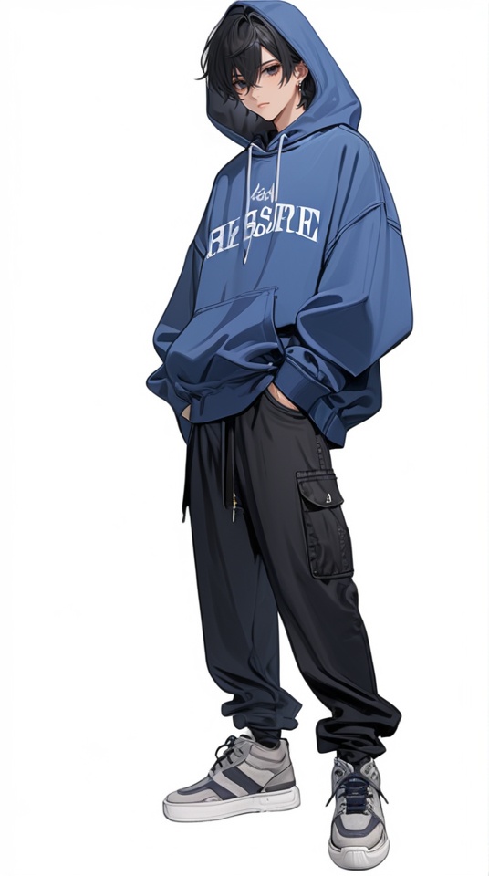 (best quality), ((masterpiece)), (highres), illustration, original, extremely detailed . <lora:日式动漫人设BOY版XL:0.8>jjj, hood, 1boy, solo, male focus, simple background, white background, hoodie, black hair, shoes, hands in pockets, hood up, pants, sneakers, full body, standing, earrings, jewelry, blue hoodie, closed mouth, black pants, looking at viewer, drawstring, hair between eyes, black eyes, short hair, bangs, grey footwear, long sleeves