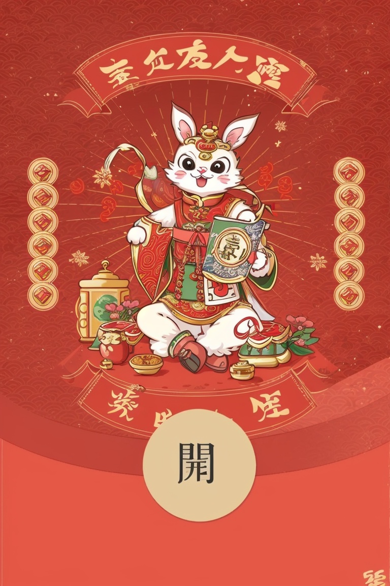 ((HRD, HUD, 8K)),((masterpiece, best quality)), highly detailed,wechatredenvelope, no humans, red background, solo, looking at viewer, open mouth, 1girl, text focus, cover, food, blush stickers, chinese zodiac, red theme, flower, comic, new year, dragon, monochrome, lantern, long hair   ,sitting,rabbit, traditional youkai, <lora:20231230-1703916462255:0.7>