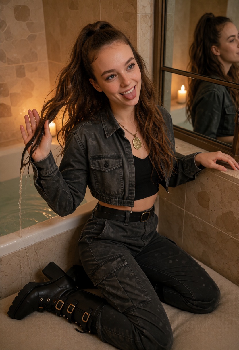 EmilyX,  long chestnut brown hair styled in a high ponytail with loose wavy lengths. A photorealistic cinematic photograph...