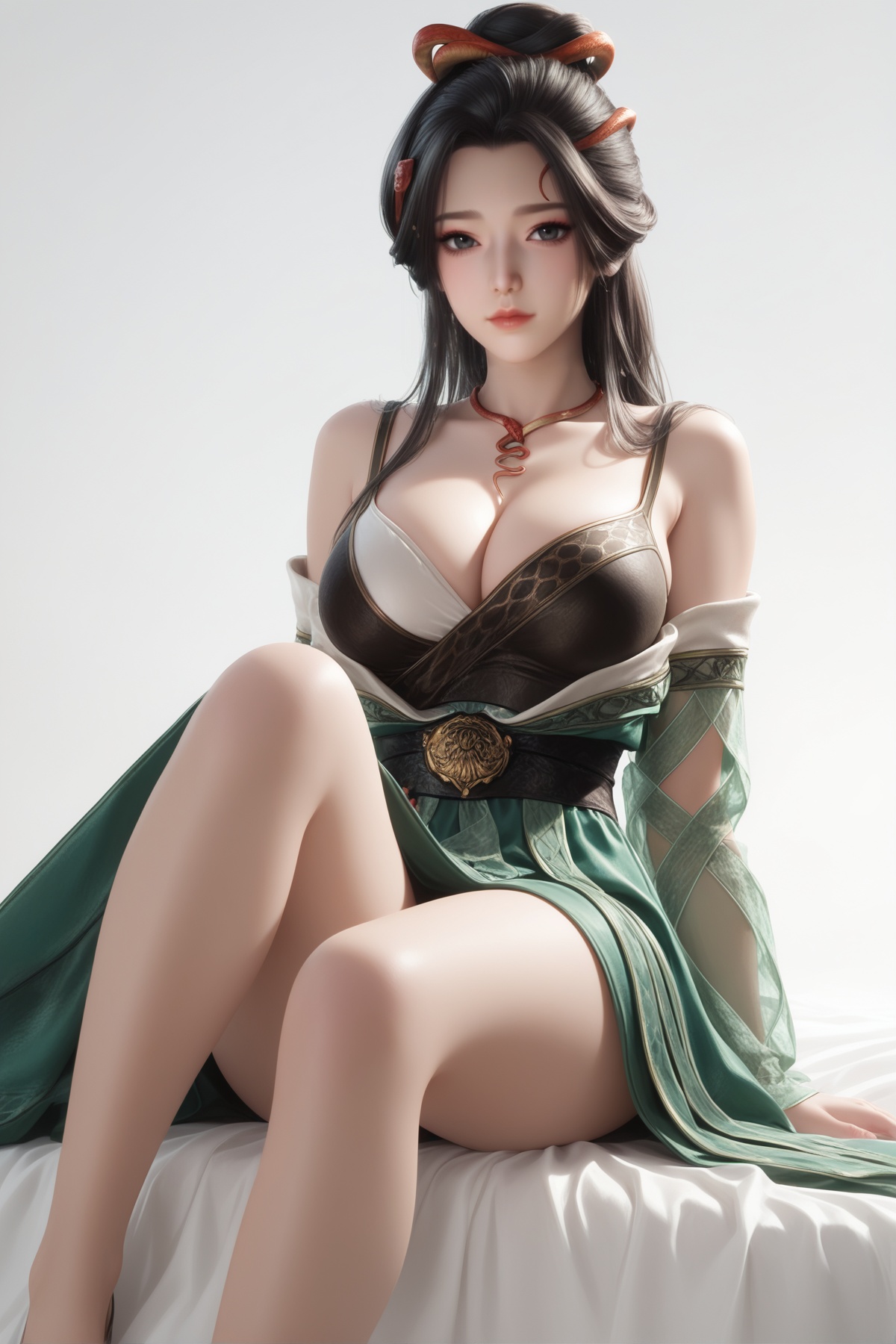 masterpiece,best quality,realistic,cinematic,detail eyes,(ultra-detailed),perfect composition,intricate details,absurdres,detailed face,high quality,high res,8K,<lora:X_longjiaonan_IL3.0:0.8>,black hair,black eyes,1girl,long hair,breast,big breasts,cleavage,hair_ornament,dress,green_dress,bare_legs,sitting,simple background,white_background,bed,looking_at_viewer,necklace,